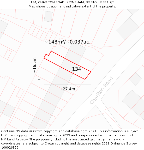 134, CHARLTON ROAD, KEYNSHAM, BRISTOL, BS31 2JZ: Plot and title map