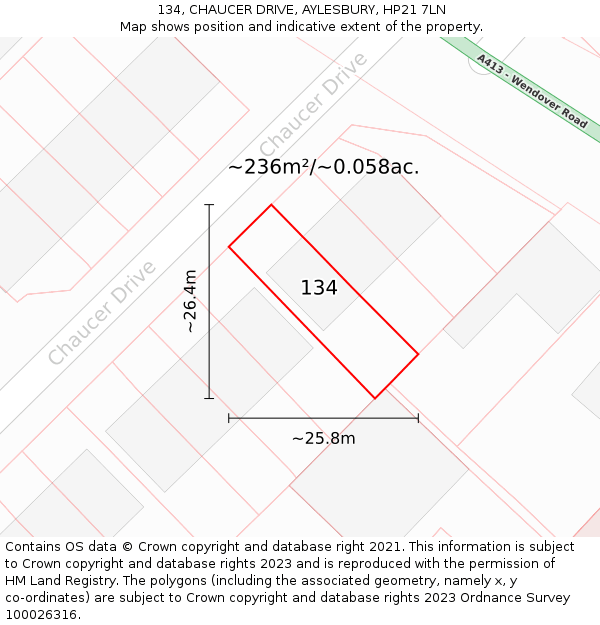 134, CHAUCER DRIVE, AYLESBURY, HP21 7LN: Plot and title map