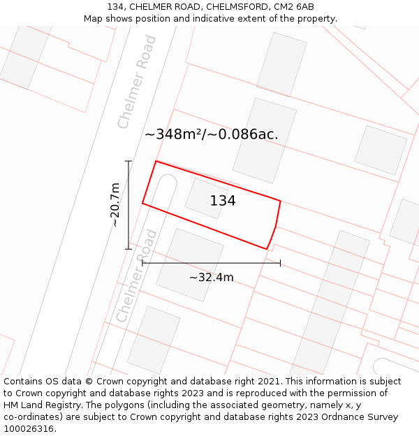 134, CHELMER ROAD, CHELMSFORD, CM2 6AB: Plot and title map