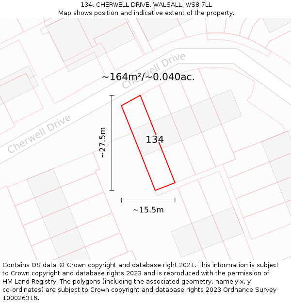 134, CHERWELL DRIVE, WALSALL, WS8 7LL: Plot and title map
