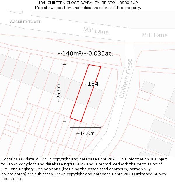 134, CHILTERN CLOSE, WARMLEY, BRISTOL, BS30 8UP: Plot and title map