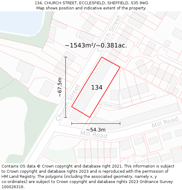 134, CHURCH STREET, ECCLESFIELD, SHEFFIELD, S35 9WG: Plot and title map