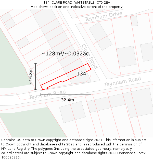 134, CLARE ROAD, WHITSTABLE, CT5 2EH: Plot and title map