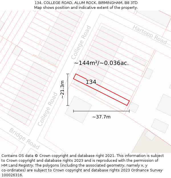 134, COLLEGE ROAD, ALUM ROCK, BIRMINGHAM, B8 3TD: Plot and title map