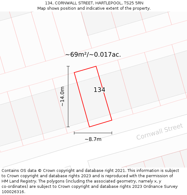134, CORNWALL STREET, HARTLEPOOL, TS25 5RN: Plot and title map