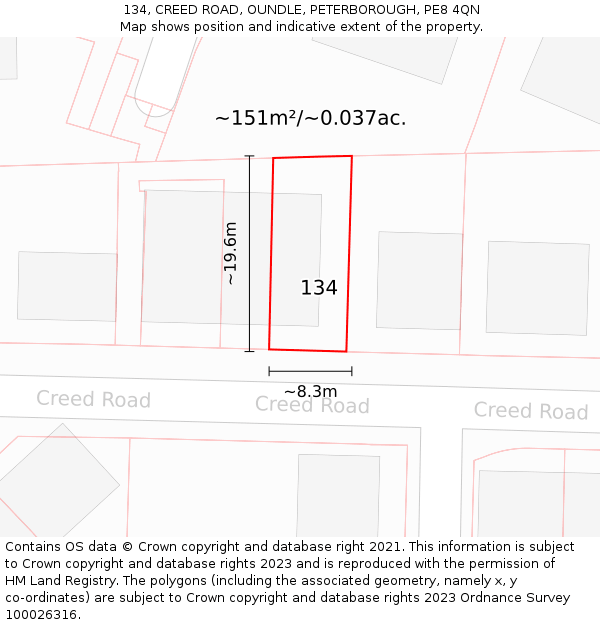 134, CREED ROAD, OUNDLE, PETERBOROUGH, PE8 4QN: Plot and title map
