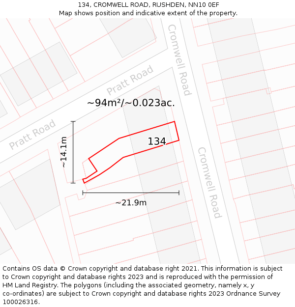 134, CROMWELL ROAD, RUSHDEN, NN10 0EF: Plot and title map
