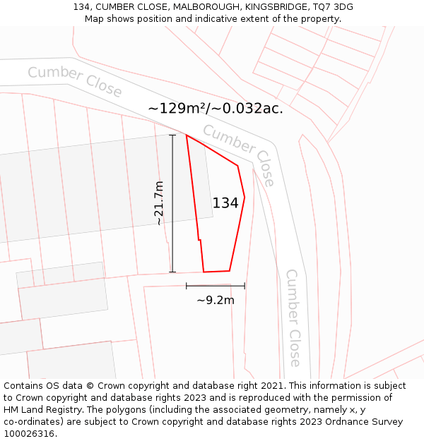 134, CUMBER CLOSE, MALBOROUGH, KINGSBRIDGE, TQ7 3DG: Plot and title map
