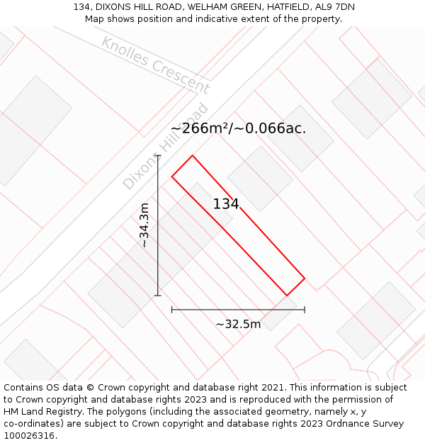 134, DIXONS HILL ROAD, WELHAM GREEN, HATFIELD, AL9 7DN: Plot and title map