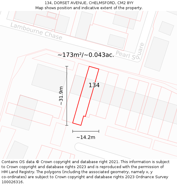 134, DORSET AVENUE, CHELMSFORD, CM2 8YY: Plot and title map