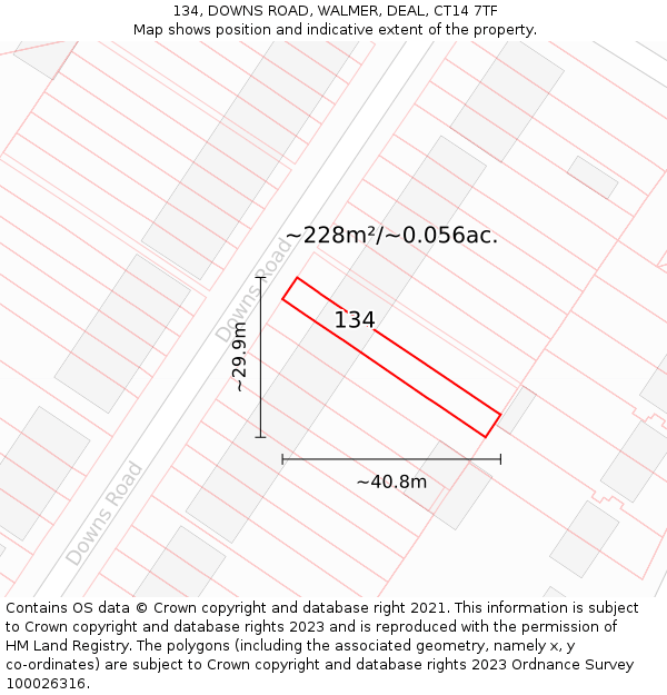 134, DOWNS ROAD, WALMER, DEAL, CT14 7TF: Plot and title map