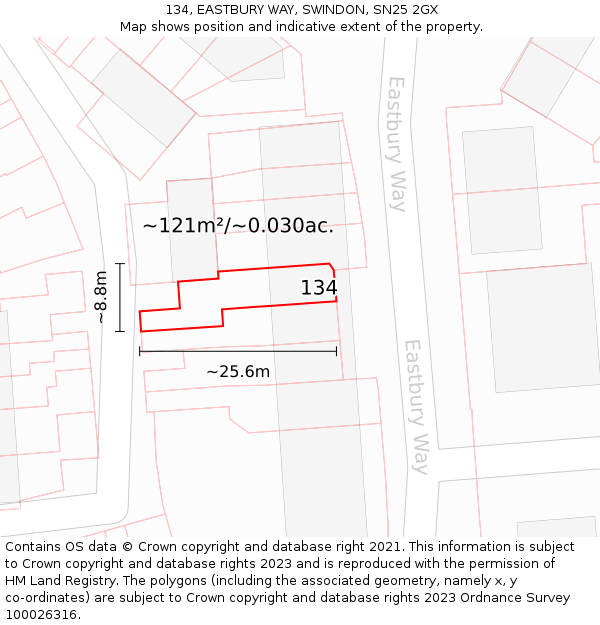 134, EASTBURY WAY, SWINDON, SN25 2GX: Plot and title map