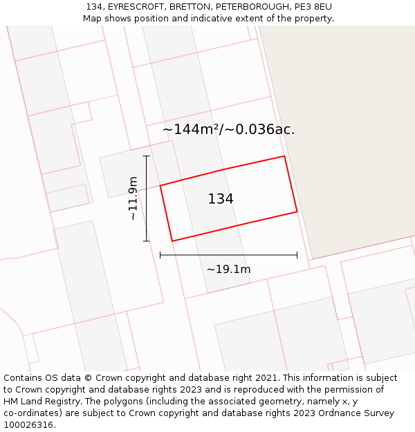 134, EYRESCROFT, BRETTON, PETERBOROUGH, PE3 8EU: Plot and title map
