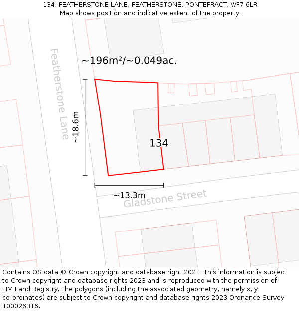 134, FEATHERSTONE LANE, FEATHERSTONE, PONTEFRACT, WF7 6LR: Plot and title map
