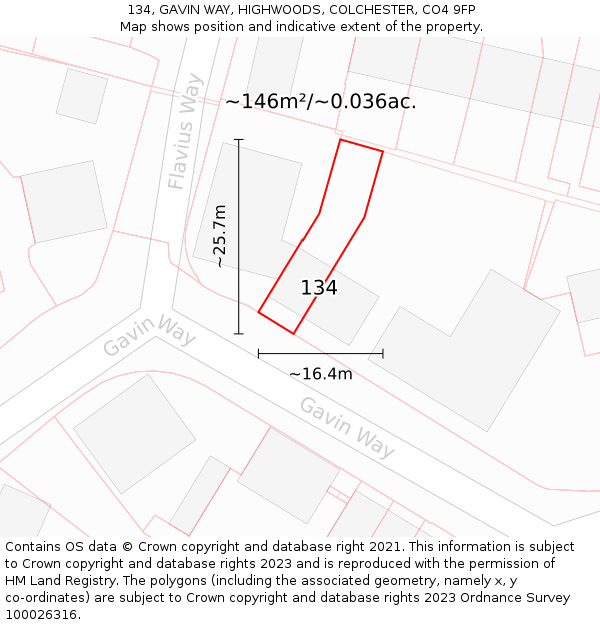 134, GAVIN WAY, HIGHWOODS, COLCHESTER, CO4 9FP: Plot and title map