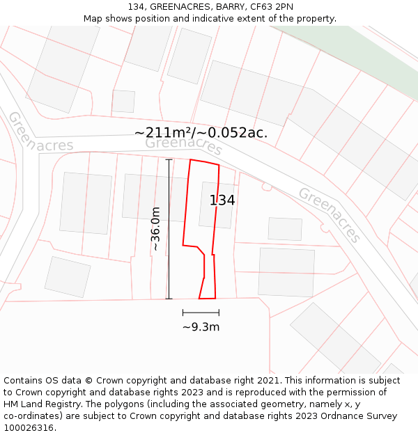134, GREENACRES, BARRY, CF63 2PN: Plot and title map