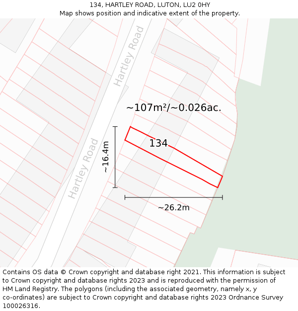 134, HARTLEY ROAD, LUTON, LU2 0HY: Plot and title map