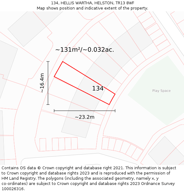 134, HELLIS WARTHA, HELSTON, TR13 8WF: Plot and title map