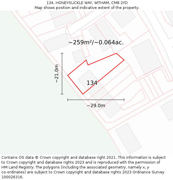 134, HONEYSUCKLE WAY, WITHAM, CM8 2YD: Plot and title map
