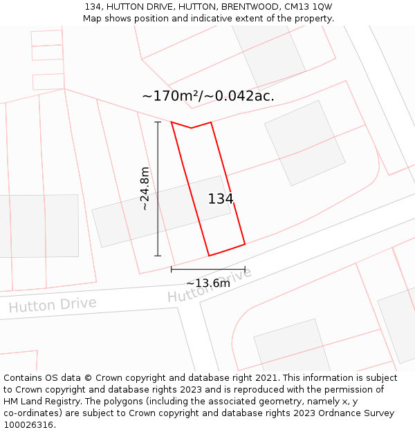 134, HUTTON DRIVE, HUTTON, BRENTWOOD, CM13 1QW: Plot and title map