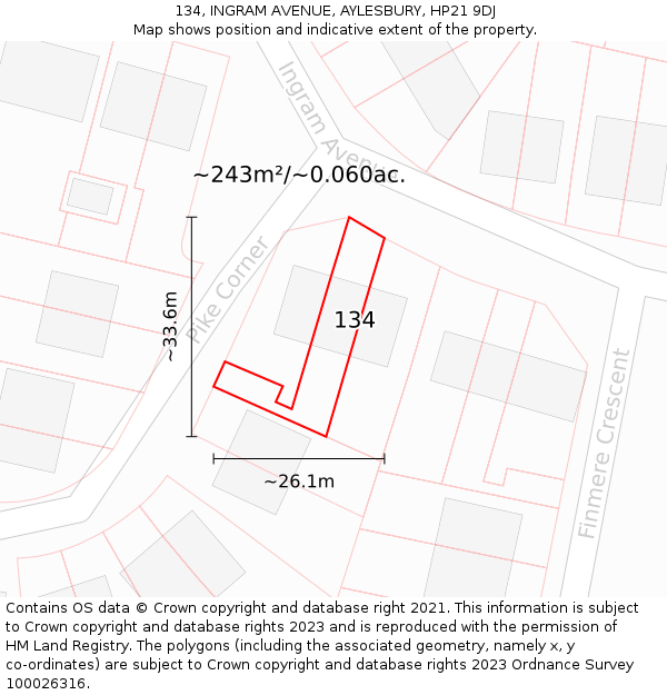 134, INGRAM AVENUE, AYLESBURY, HP21 9DJ: Plot and title map