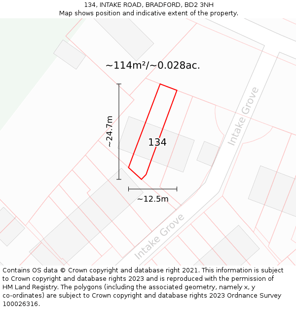 134, INTAKE ROAD, BRADFORD, BD2 3NH: Plot and title map