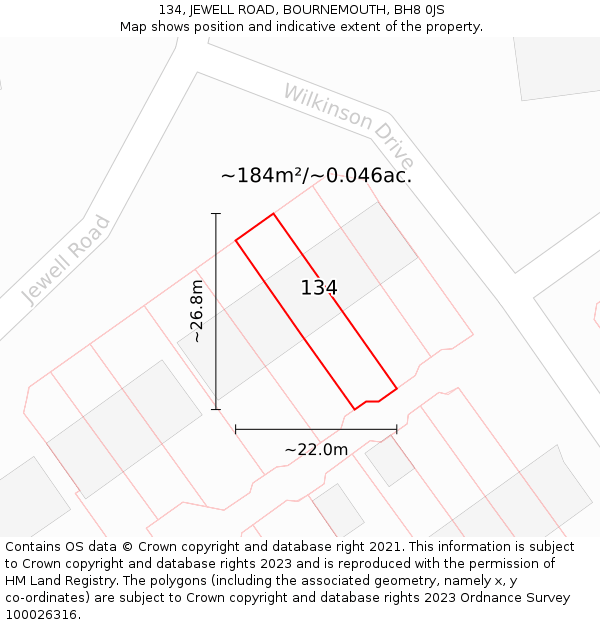 134, JEWELL ROAD, BOURNEMOUTH, BH8 0JS: Plot and title map