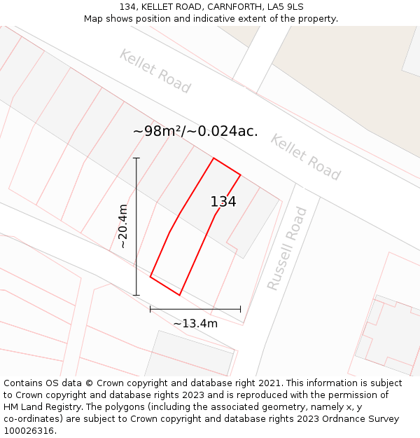 134, KELLET ROAD, CARNFORTH, LA5 9LS: Plot and title map