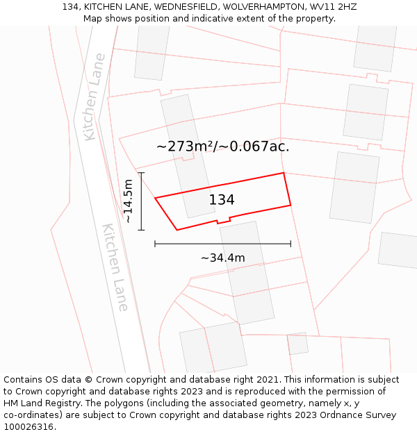 134, KITCHEN LANE, WEDNESFIELD, WOLVERHAMPTON, WV11 2HZ: Plot and title map
