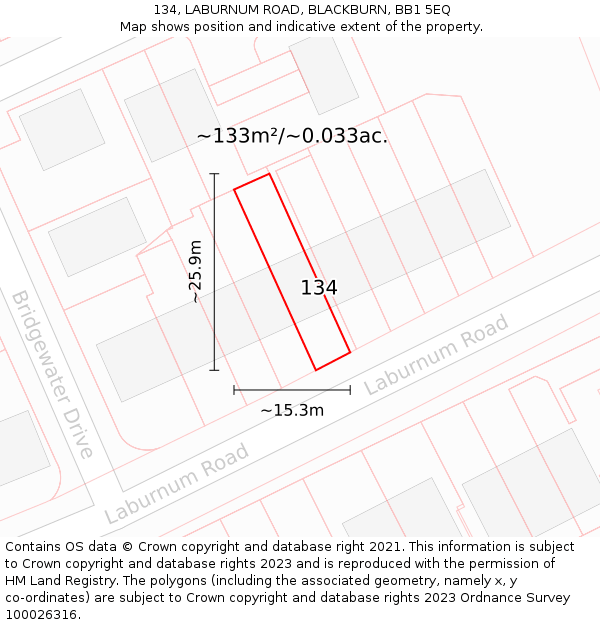 134, LABURNUM ROAD, BLACKBURN, BB1 5EQ: Plot and title map