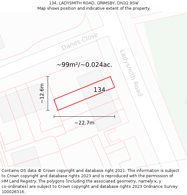 134, LADYSMITH ROAD, GRIMSBY, DN32 9SW: Plot and title map
