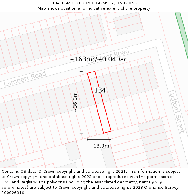 134, LAMBERT ROAD, GRIMSBY, DN32 0NS: Plot and title map