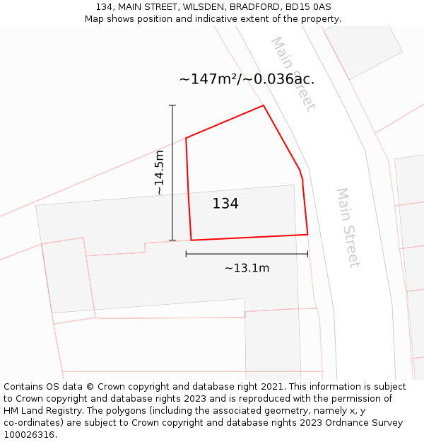 134, MAIN STREET, WILSDEN, BRADFORD, BD15 0AS: Plot and title map