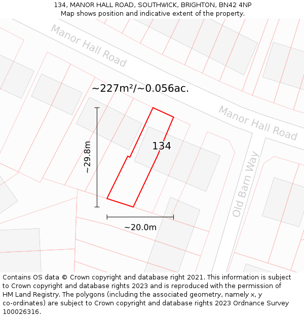 134, MANOR HALL ROAD, SOUTHWICK, BRIGHTON, BN42 4NP: Plot and title map