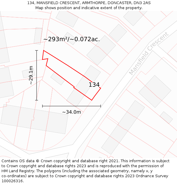 134, MANSFIELD CRESCENT, ARMTHORPE, DONCASTER, DN3 2AS: Plot and title map