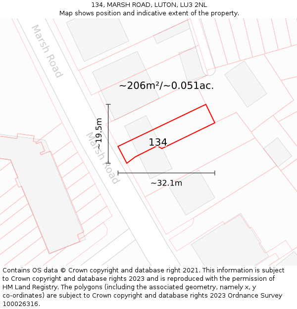 134, MARSH ROAD, LUTON, LU3 2NL: Plot and title map