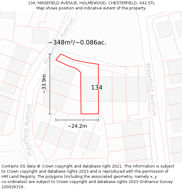 134, MASEFIELD AVENUE, HOLMEWOOD, CHESTERFIELD, S42 5TL: Plot and title map