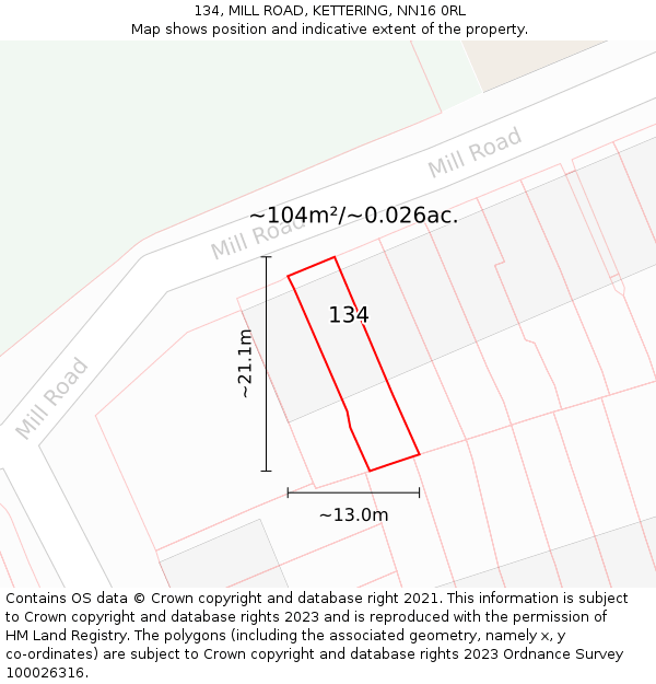 134, MILL ROAD, KETTERING, NN16 0RL: Plot and title map