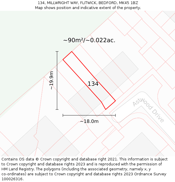 134, MILLWRIGHT WAY, FLITWICK, BEDFORD, MK45 1BZ: Plot and title map