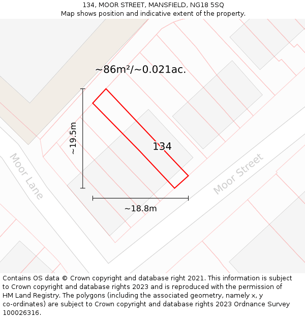 134, MOOR STREET, MANSFIELD, NG18 5SQ: Plot and title map