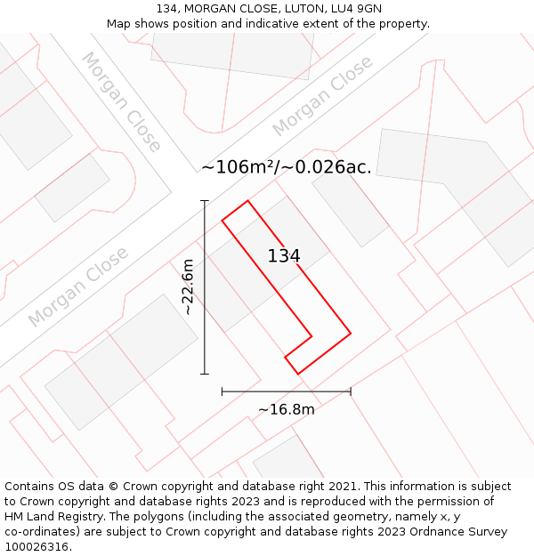 134, MORGAN CLOSE, LUTON, LU4 9GN: Plot and title map