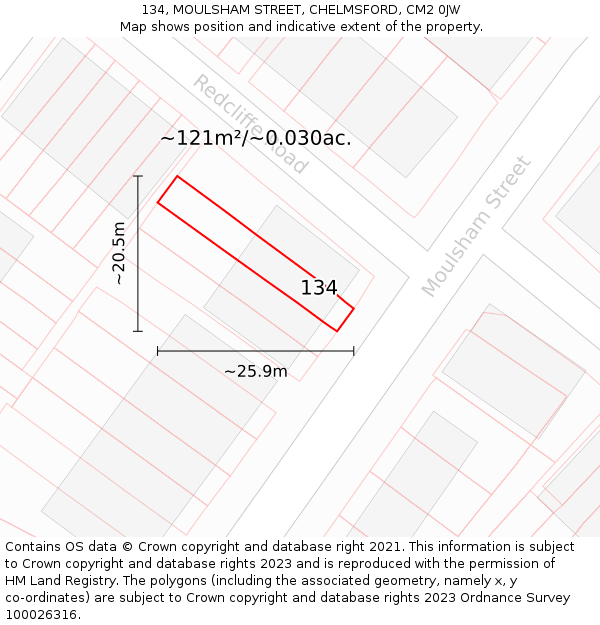 134, MOULSHAM STREET, CHELMSFORD, CM2 0JW: Plot and title map