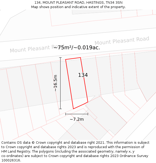 134, MOUNT PLEASANT ROAD, HASTINGS, TN34 3SN: Plot and title map
