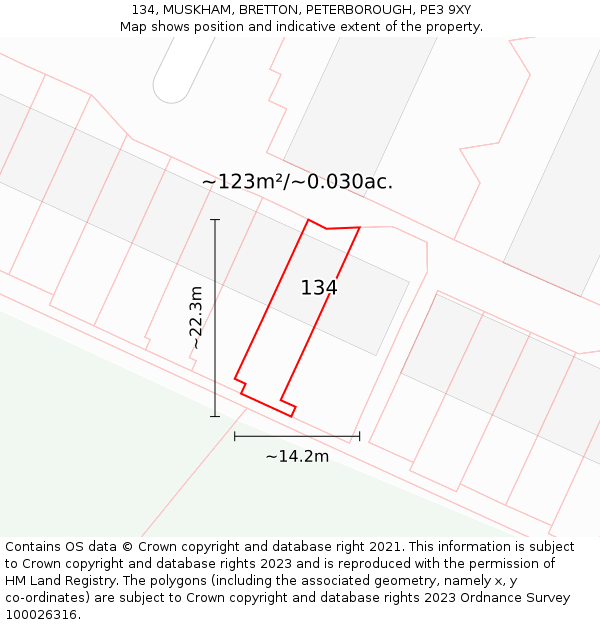 134, MUSKHAM, BRETTON, PETERBOROUGH, PE3 9XY: Plot and title map