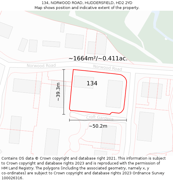 134, NORWOOD ROAD, HUDDERSFIELD, HD2 2YD: Plot and title map