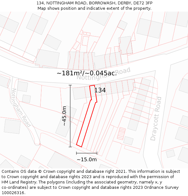 134, NOTTINGHAM ROAD, BORROWASH, DERBY, DE72 3FP: Plot and title map