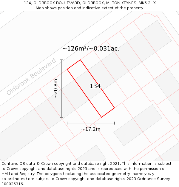 134, OLDBROOK BOULEVARD, OLDBROOK, MILTON KEYNES, MK6 2HX: Plot and title map