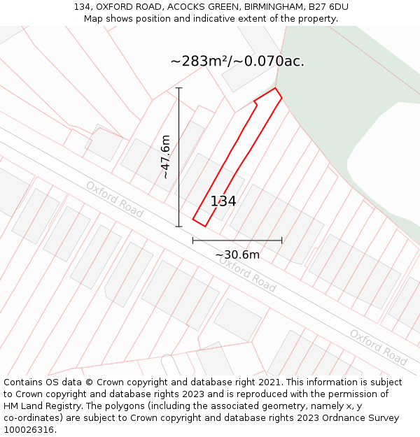 134, OXFORD ROAD, ACOCKS GREEN, BIRMINGHAM, B27 6DU: Plot and title map