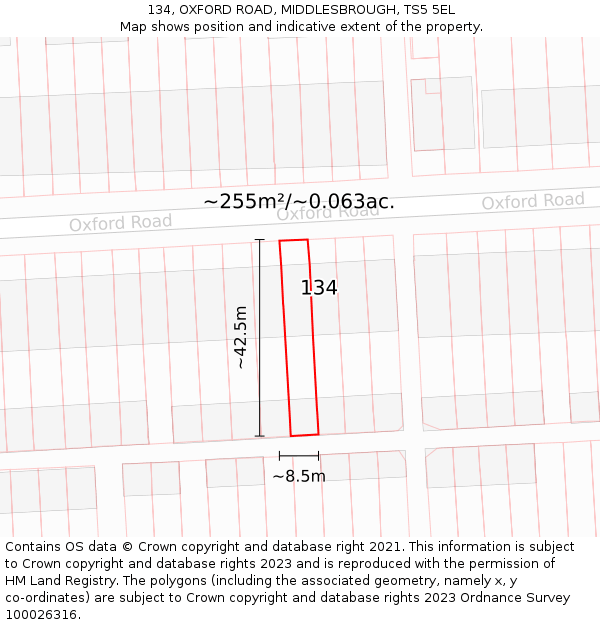 134, OXFORD ROAD, MIDDLESBROUGH, TS5 5EL: Plot and title map