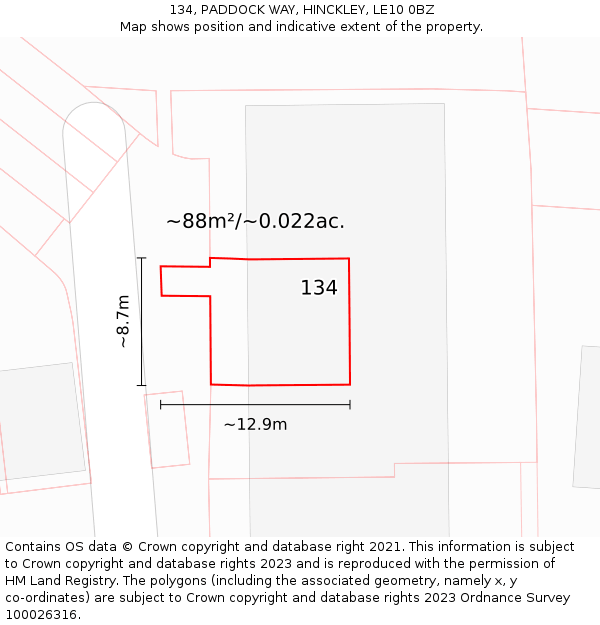 134, PADDOCK WAY, HINCKLEY, LE10 0BZ: Plot and title map
